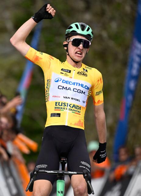 Current overall ranking leader Team Decathlon CMA CGM's French rider Paul Seixas celebrates winning the second stage of the Basque Country's Itzulia cycling tour, a 164.1 km race between Pamplona and Mendukilo cave, near Astitz, on April 7, 2026. French youngster Paul Seixas stretched his overall lead at the Tour of the Basque Country today after a powerful breakaway on the final main climb of the second stage. (Photo by ANDER GILLENEA / AFP)
