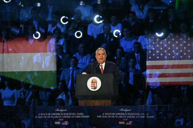 Hungarian Prime Minister Viktor Orban addresses a "Day of Friendship" event at MTK Sportpark in Budapest, Hungary on April 7, 2026. US Vice President JD Vance is in Hungary to deliver the US President's support to his ally, nationalist Prime Minister Viktor Orban, ahead of tightly contested parliamentary elections scheduled for April 12, 2026. (Photo by Attila KISBENEDEK / AFP)