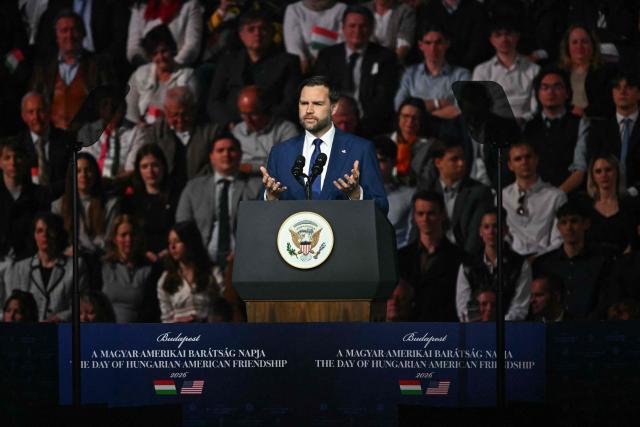 US Vice President JD Vance speaks at a "Day of Friendship" event with Hungarian Prime Minister Viktor Orban (not in picture) at MTK Sportpark in Budapest, Hungary on April 7, 2026. US Vice President JD Vance is in Hungary to deliver the US President's support to his ally, nationalist Prime Minister Viktor Orban, ahead of tightly contested parliamentary elections scheduled for April 12, 2026. (Photo by Attila KISBENEDEK / AFP)
