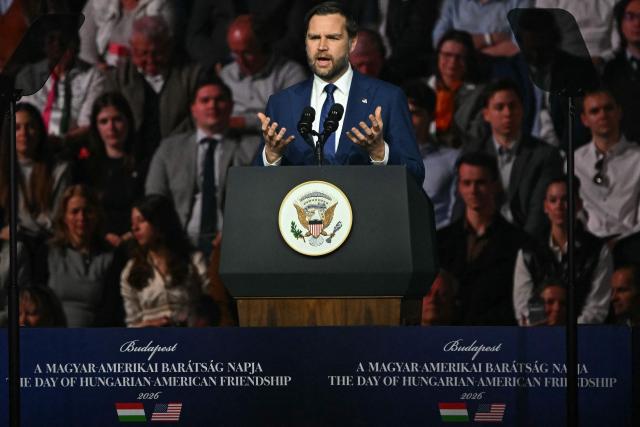 US Vice President JD Vance speaks at a "Day of Friendship" event with Hungarian Prime Minister Viktor Orban (not in picture) at MTK Sportpark in Budapest, Hungary on April 7, 2026. US Vice President JD Vance is in Hungary to deliver the US President's support to his ally, nationalist Prime Minister Viktor Orban, ahead of tightly contested parliamentary elections scheduled for April 12, 2026. (Photo by Attila KISBENEDEK / AFP)