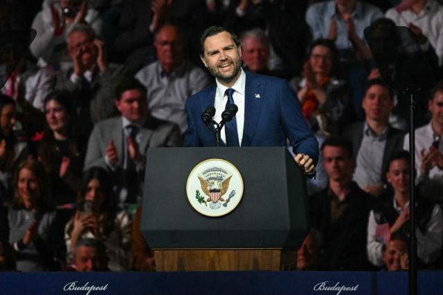 US Vice President JD Vance speaks at a "Day of Friendship" event with Hungarian Prime Minister Viktor Orban (not in picture) at MTK Sportpark in Budapest, Hungary on April 7, 2026. US Vice President JD Vance is in Hungary to deliver the US President's support to his ally, nationalist Prime Minister Viktor Orban, ahead of tightly contested parliamentary elections scheduled for April 12, 2026. (Photo by Attila KISBENEDEK / AFP)