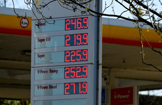 A digital display shows the price of petrol at a Shell petrol station in Dortmund, western Germany on April 7, 2026. Oil and natural gas prices have surged since the end of February 2026, when the United States and Israel began attacking Iran, plunging the Middle East into turmoil. (Photo by Ina FASSBENDER / AFP)
