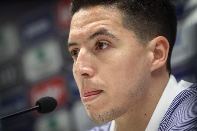 (FILES) Anderlecht's new player French midfielder Samir Nasri speaks during a press conference in Brussels on July 9, 2019. Former footballer Samir Nasri, now a pundit for Canal+, disputes that he owes 5.5 million Euros to the French tax authorities, with whom he is currently in discussions, his lawyers told AFP on April 7, 2026. The daily newspaper Les Echos revealed on March 31 that the tax authorities had placed a precautionary attachment on the equivalent of approximately 5.5 million Euros in Samir Nasris bank accounts and a property. (Photo by VIRGINIE LEFOUR / Belga / AFP) / Belgium OUT