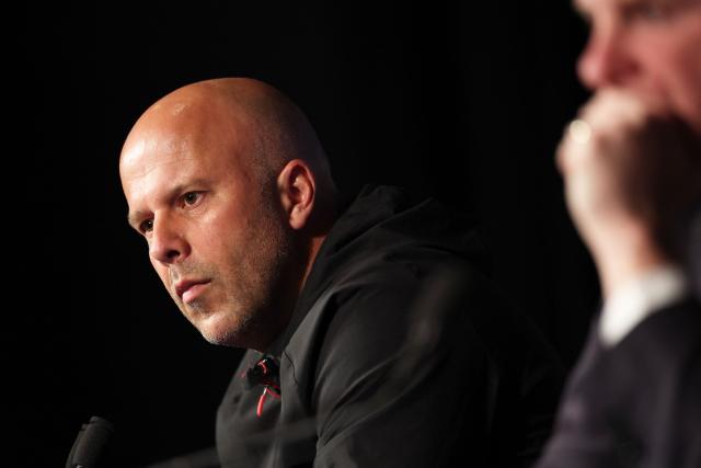 Liverpool's Dutch coach Arne Slot gives a press conference on the eve of the UEFA Champions League quarter-final first leg football match between Paris Saint-Germain (PSG) Liverpool FC in Paris on April 7, 2026. (Photo by FRANCK FIFE / AFP)
