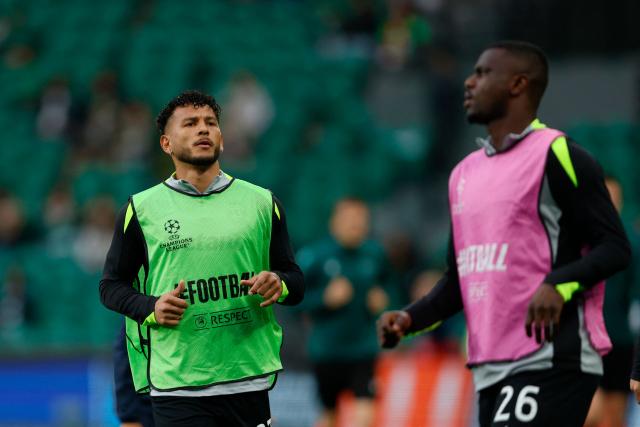 Sporting CP’s Colombian forward Luis Suarez #97 gestures before the UEFA Champions League quarter final first leg football match between Sporting CP and Arsenal at Jose Alvalade stadium in Lisbon on April 7, 2026. (Photo by Patricia DE MELO MOREIRA / AFP)