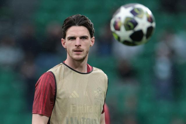 Arsenal's English midfielder #41 Declan Rice looks on the ball before the UEFA Champions League quarter final first leg football match between Sporting CP and Arsenal at Jose Alvalade stadium in Lisbon on April 7, 2026. (Photo by Patricia DE MELO MOREIRA / AFP)