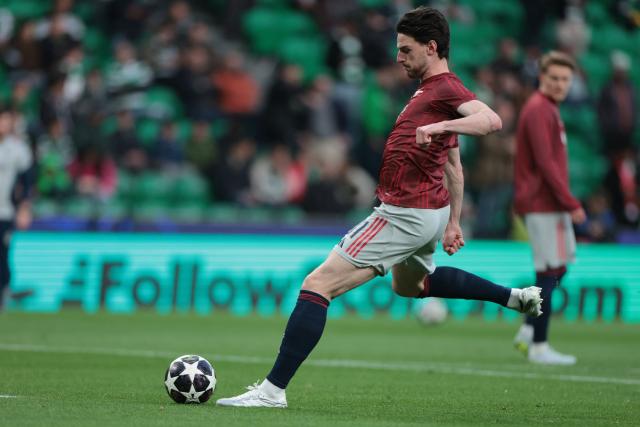 Arsenal's English midfielder #41 Declan Rice kicks the ball before the UEFA Champions League quarter final first leg football match between Sporting CP and Arsenal at Jose Alvalade stadium in Lisbon on April 7, 2026. (Photo by Patricia DE MELO MOREIRA / AFP)