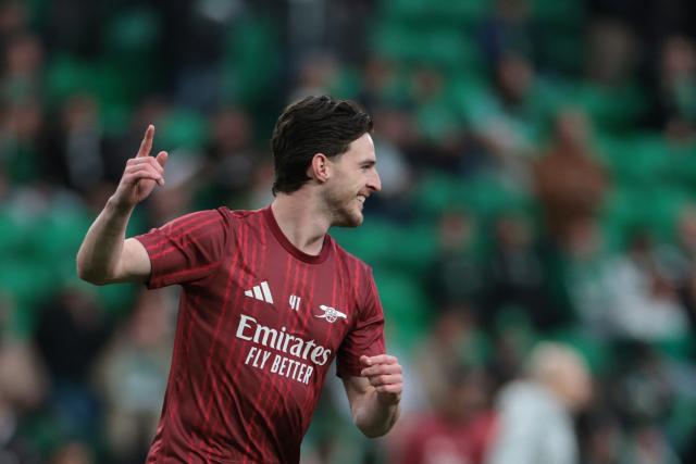 Arsenal's English midfielder #41 Declan Rice gestures before the UEFA Champions League quarter final first leg football match between Sporting CP and Arsenal at Jose Alvalade stadium in Lisbon on April 7, 2026. (Photo by Patricia DE MELO MOREIRA / AFP)