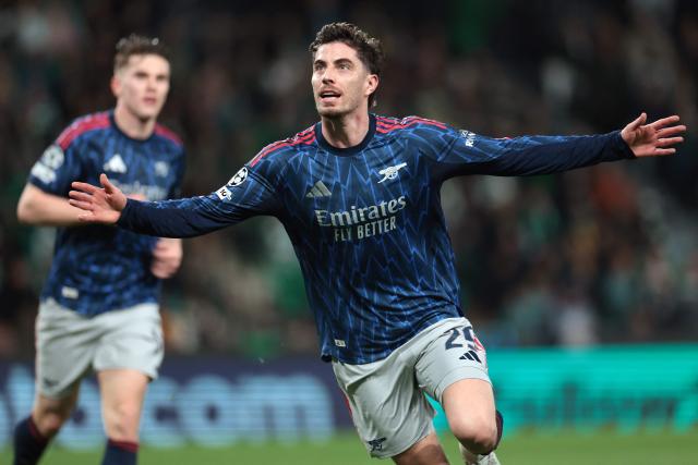 TOPSHOT - Arsenal's German midfielder #29 Kai Havertz celebrates after scoring during the UEFA Champions League quarter final first leg football match between Sporting CP and Arsenal at Jose Alvalade stadium in Lisbon on April 7, 2026. (Photo by PATRICIA DE MELO MOREIRA / AFP)