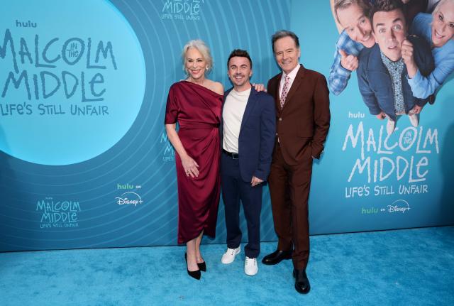(L/R) Actors Jane Kaczmarek, Bryan Cranston and Frankie Muniz attend Hulu's "Malcolm in the Middle: Life's Still Unfair" premiere at the DGA theater in New York on April 7, 2026. (Photo by ANGELA WEISS / AFP)