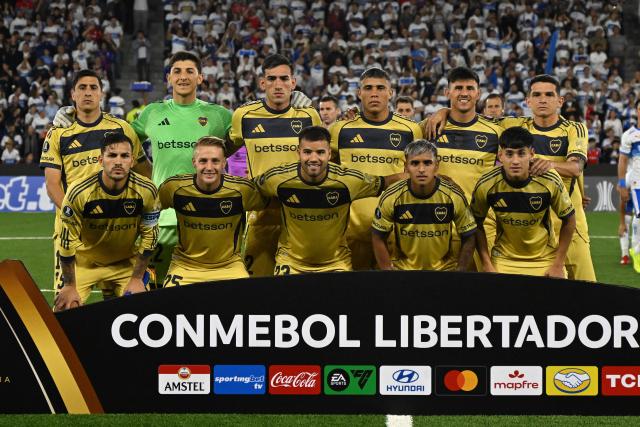 Players of Boca Juniors pose for a picture ahead of the Copa Libertadores group stage football match between Chile's Universidad Catolica and Argentina's Boca Juniors at the Claro Arena stadium in Santiago on April 7, 2026. (Photo by RODRIGO ARANGUA / AFP)