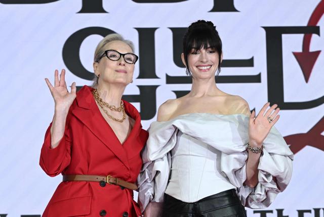 US actresses Meryl Streep (L) and Anne Hathaway (R) pose during a press conference to promote the film "The Devil Wears Prada 2" in Seoul on April 8, 2026. (Photo by Jung Yeon-je / AFP)