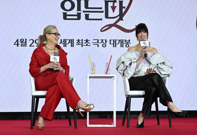 US actresses Meryl Streep (L) and Anne Hathaway (R) attend a press conference to promote the film "The Devil Wears Prada 2" in Seoul on April 8, 2026. (Photo by Jung Yeon-je / AFP)