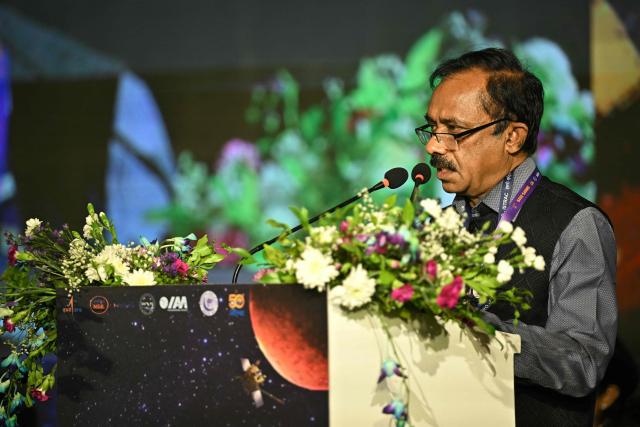 Dr. A.K. Anil Kumar, Director of the ISRO Telemetry, Tracking and Command Network (ISTRAC), speaks during the inaugural ceremony of an international conference on “Spacecraft Mission Operations” SMOPS-2026, in Bengaluru on April 8, 2026. (Photo by Idrees MOHAMMED / AFP)