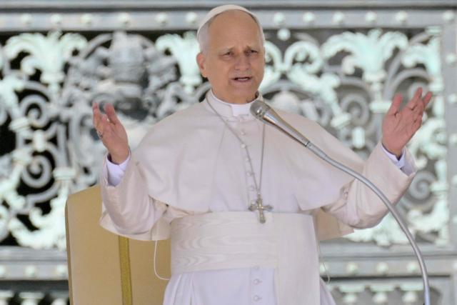 Pope Leo XIV addresses the crowd during the weekly general audience at St Peter's Square in The Vatican on April 8, 2026. (Photo by Tiziana FABI / AFP)