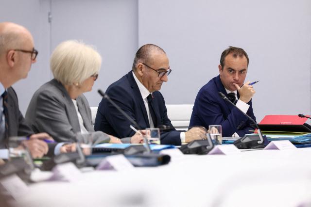 (From R) France's Prime Minister Sebastien Lecornu, France's Interior Minister Laurent Nunez and France's Defence Minister Catherine Vautrin addresses a national defence council meeting on Middle East war at The Elysee Presidential Palace in Paris on April 8, 2026. French nationals, who spent more than three years in an Iranian prison on espionage charges, headed home from the war-stricken country on April, 7, 2026 Macron said. (Photo by Tom Nicholson / POOL / AFP)