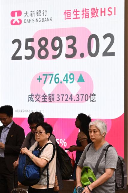An electronic sign board shows the Hang Seng Index closing price in Hong Kong on April 8, 2026. (Photo by Peter PARKS / AFP)