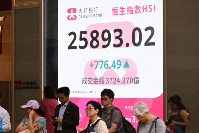 An electronic sign board shows the Hang Seng Index closing price in Hong Kong on April 8, 2026. (Photo by Peter PARKS / AFP)