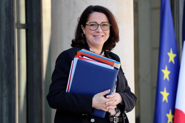 France's Sports Minister Marina Ferrari smiles as she leaves the weekly cabinet meeting at the Elysee Palace in Paris on April 8, 2026. (Photo by Ludovic MARIN / AFP)