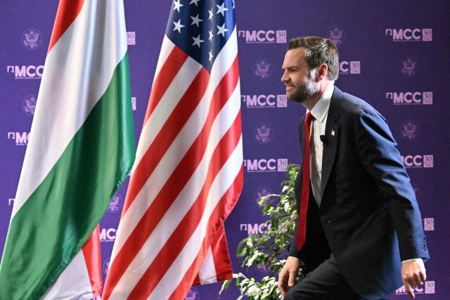 US Vice President JD Vance arrives to deliver his remarks at the Mathias Corvinus Collegium in Budapest on April 8, 2026, on the second day of his visit to Hungary. (Photo by Attila KISBENEDEK / AFP)
