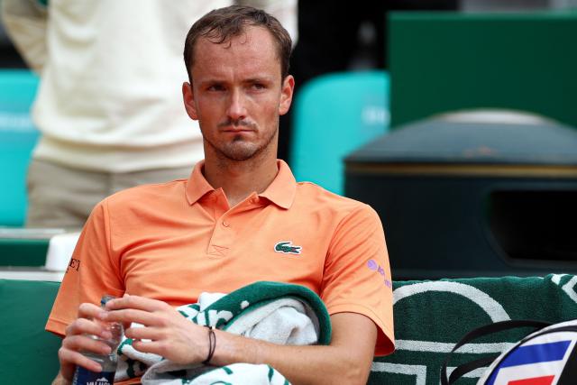 Russia's Daniil Medvedev sits between games as he plays against Italy's Matteo Berrettini during the Monte Carlo ATP Masters Series Tournament round of 32 tennis match on Court Rainier III at the Monte-Carlo Country Club in Roquebrune-Cap-Martin, south-eastern France on April 8, 2026. (Photo by Valery HACHE / AFP)