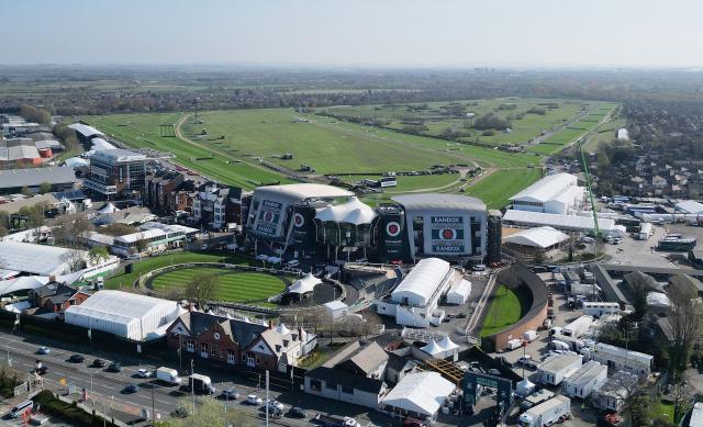 This aerial view shows Aintree Racecourse in Liverpool, north-west England on April 8, 2026. Aintree will host the Grand National horse race on April 11 during the Grand National Festival. (Photo by Oli SCARFF / AFP)