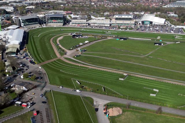 This aerial view shows Aintree Racecourse in Liverpool, north-west England on April 8, 2026. Aintree will host the Grand National horse race on April 11 during the Grand National Festival. (Photo by Oli SCARFF / AFP)