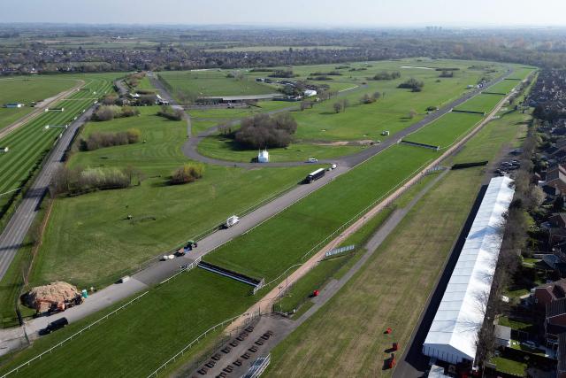 This aerial view shows Aintree Racecourse in Liverpool, north-west England on April 8, 2026. Aintree will host the Grand National horse race on April 11 during the Grand National Festival. (Photo by Oli SCARFF / AFP)