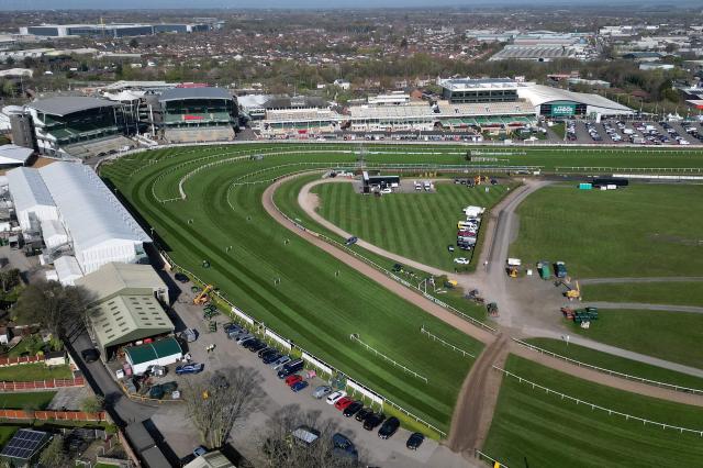 This aerial view shows Aintree Racecourse in Liverpool, north-west England on April 8, 2026. Aintree will host the Grand National horse race on April 11 during the Grand National Festival. (Photo by Oli SCARFF / AFP)