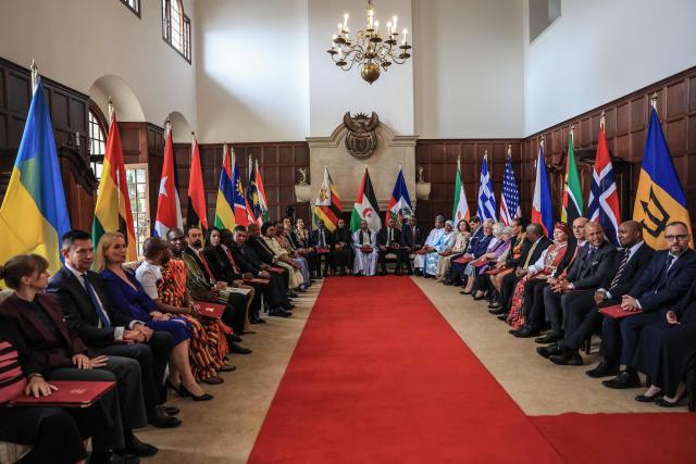 Ambassadors of various countries wait to present their letters of credence to South African President Cyril Ramaphosa during a ceremony at Sefako Makgatho Presidential Guest House in Pretoria on April 8, 2026. (Photo by Phill Magakoe / AFP)