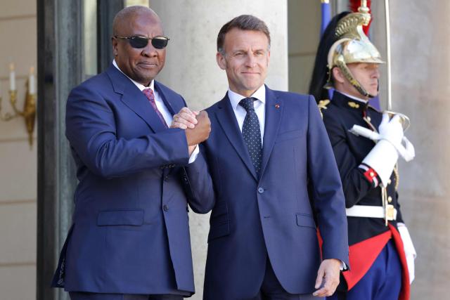 France's President Emmanuel Macron welcomes Ghana’s President John Dramani Mahama (L) for a meeting at The Elysee Presidential Palace in Paris on April 8, 2026. (Photo by Ludovic MARIN / AFP)