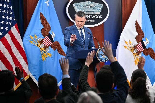 US Secretary of Defense Pete Hegseth takes questions during a press briefing at the Pentagon in Washington, DC, on April 8, 2026. The United States and Iran agreed to a two-week ceasefire on April 7 barely an hour before President Donald Trump's deadline to obliterate the country, triggering global relief alongside apprehension. Tehran has agreed to temporarily reopen the Strait of Hormuz, through which much of the world's oil, gas and fertiliser passes, easing concerns for the battered global economy. (Photo by Mandel NGAN / AFP)