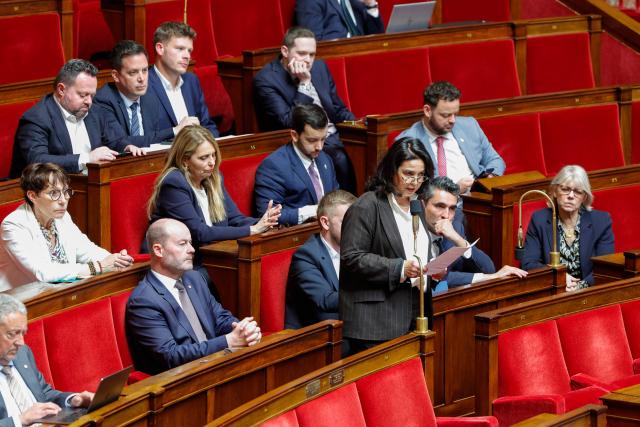 Rassemblement National's MP Sophie Blanc (C) speaks during a session of questions to the government at The National Assembly, France's lower house of parliament in Paris on April 8, 2026. (Photo by GEOFFROY VAN DER HASSELT / AFP)
