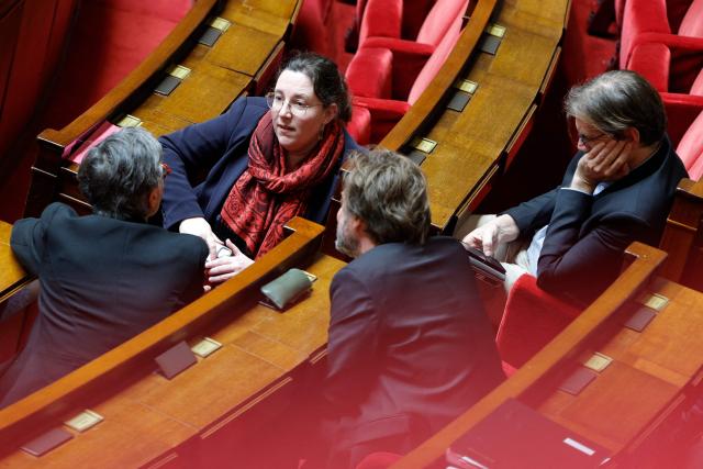 President of Ecologiste et Social parliamentary group Cyrielle Chatelain discusses during a session of questions to the government at The National Assembly, France's lower house of parliament in Paris on April 8, 2026. (Photo by GEOFFROY VAN DER HASSELT / AFP)
