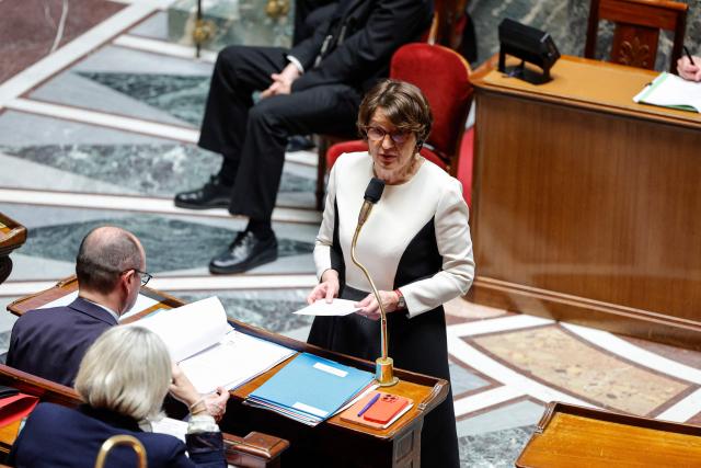 France's Agriculture Minister Annie Genevard speaks during a session of questions to the government at The National Assembly, France's lower house of parliament in Paris on April 8, 2026. (Photo by GEOFFROY VAN DER HASSELT / AFP)