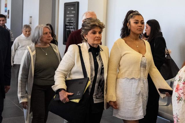 Attorney Gloria Allred arrives with the families of victims at Suffolk County Court for the for expected guilty plea of Rex Heuermann in Long Island, New York, on April 8, 2026. The Gilgo Beach serial killings refer to a series of murders discovered on Long Island in 2010–2011, with Rex Heuermann arrested in 2023 and charged in several of the killings. (Photo by David Dee Delgado / AFP)