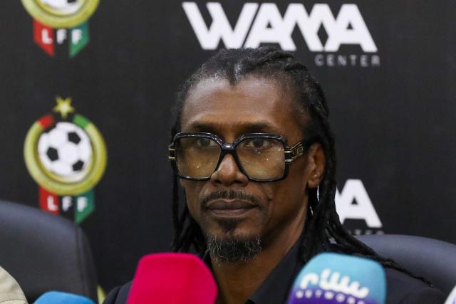 (FILES) Then newly appointed head coach of the Libyan national football team Aliou Cisse looks on as he attends a press conference in Tripoli on March 13, 2025. Former Senegal coach Aliou Cisse has stepped down from his role in charge of the Libyan national team after just 10 matches at the helm, he announced on April 8, 2026. (Photo by Mahmud Turkia / AFP)