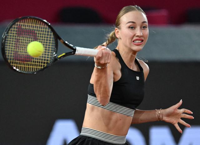 Austria's Anastasia Potapova returns the ball to China's Zhang Shuai during their women's singles match of the WTA Upper Austria Ladies Linz tennis tournament in Linz, Austria on April 8, 2026. (Photo by BARBARA GINDL / APA / AFP) / Austria OUT
