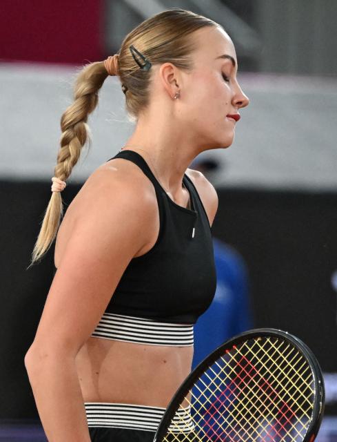 Austria's Anastasia Potapova reacts during her women's singles match of the WTA Upper Austria Ladies Linz tennis tournament against China's Zhang Shuai (Unseen) in Linz, Austria on April 8, 2026. (Photo by BARBARA GINDL / APA / AFP) / Austria OUT