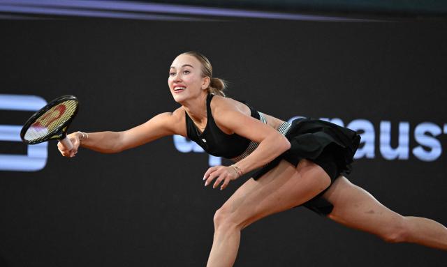 Austria's Anastasia Potapova returns the ball to China's Zhang Shuai during their women's singles match of the WTA Upper Austria Ladies Linz tennis tournament in Linz, Austria on April 8, 2026. (Photo by BARBARA GINDL / APA / AFP) / Austria OUT