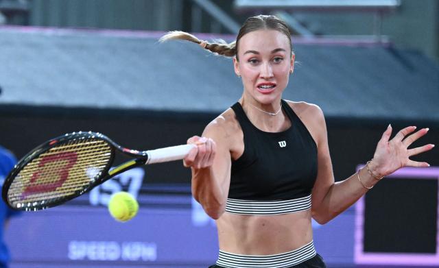 Austria's Anastasia Potapova returns the ball to China's Zhang Shuai during their women's singles match of the WTA Upper Austria Ladies Linz tennis tournament in Linz, Austria on April 8, 2026. (Photo by BARBARA GINDL / APA / AFP) / Austria OUT