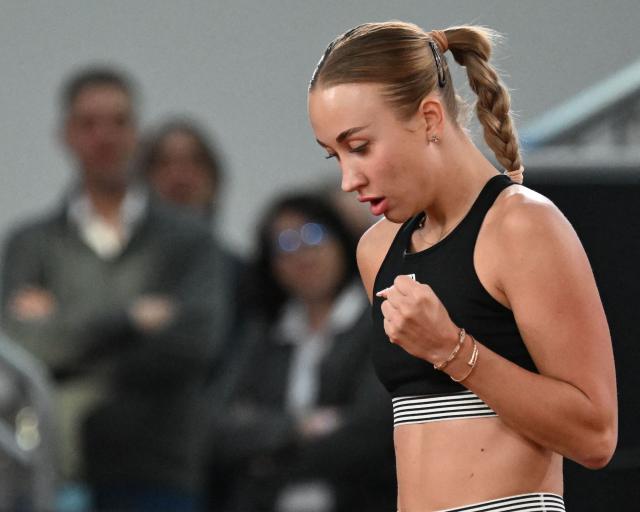 Austria's Anastasia Potapova reacts during her women's singles match of the WTA Upper Austria Ladies Linz tennis tournament against China's Zhang Shuai (Unseen) in Linz, Austria on April 8, 2026. (Photo by BARBARA GINDL / APA / AFP) / Austria OUT