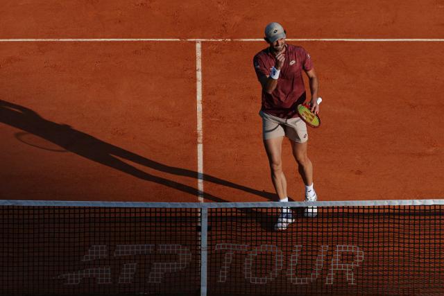 Monaco's Valentin Vacherot celebrates as he plays against Italy's Lorenzo Musetti during the Monte Carlo ATP Masters Series Tournament round of 32 tennis match on Court Rainier III at the Monte-Carlo Country Club in Roquebrune-Cap-Martin, south-eastern France on April 8, 2026. (Photo by Valery HACHE / AFP)