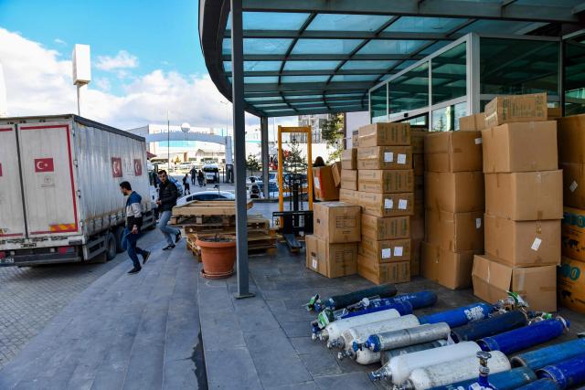 Medical supplies prepared by the Turkish Health Ministry are set to be loaded onto trucks before departing for Iran in Van, north-eastern Turkey, on April 8, 2026. Three trucks loaded with humanitarian aid are scheduled to enter Iran on April 8, 2026 from Turkey, announced Turkish Health Minister Kemal Memisoglu. (Photo by Ali IHSAN OZTURK / AFP)