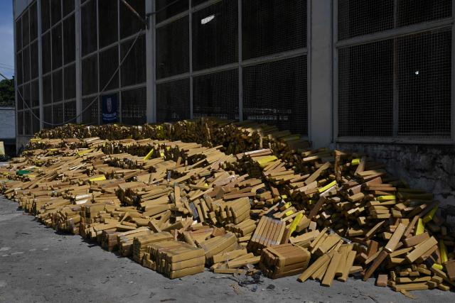 View of 48 tons of seized marijuana presented at the City of Police in Rio de Janeiro, Brazil on April 8, 2026, after they were uncovered by chance by a sniffer dog during a regular operation against criminal factions. During the operation in the Complexo da Mare, a large complex of favelas in the north of the city, a dog named Hulk indicated there was something suspicious under an abandoned water tank. An officer "discovered a bunker inside where this entire quantity of drugs had been hidden," said Lieutenant Colonel Luciano Pedro, commander of the Canine Operations Battalion. (Photo by Pablo PORCIUNCULA / AFP)