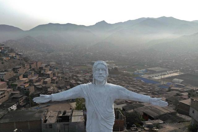 Aerial view of the Cristo Blanco monument in Lima, on April 8, 2026. Peruvians will choose from a bewildering array of 35 presidential candidates on April 12, 2026, electing the next leader of an Andean nation beset by crime and a string of short-lived, scandal tainted presidencies. (Photo by Luis ROBAYO / AFP)
