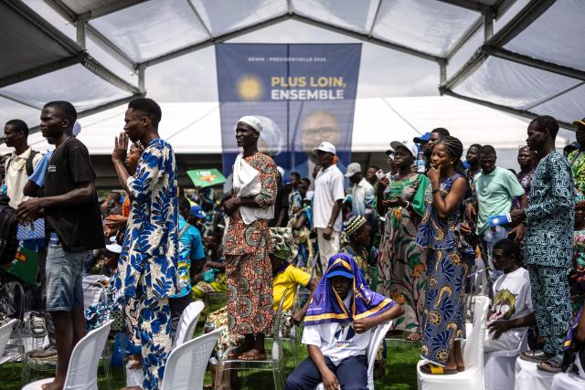 Supporters of presidential candidate Romuald Wadagni gather during a campaign rally in Lokossa on April 8, 2026 ahead of Benin`s presidential election scheduled for April 12, 2026. (Photo by OLYMPIA DE MAISMONT / AFP)