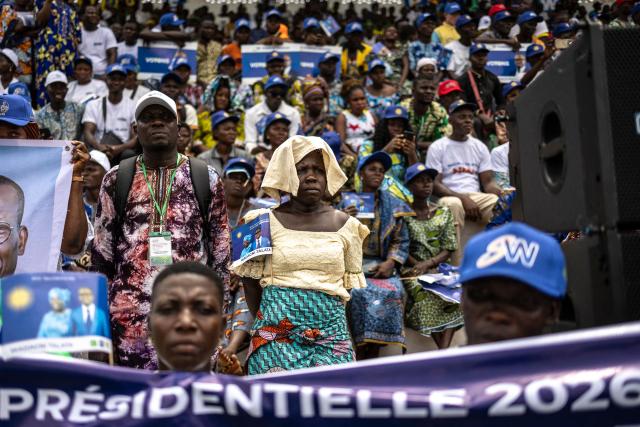 Supporters of presidential candidate Romuald Wadagni gather during a campaign rally in Lokossa on April 8, 2026 ahead of Benin`s presidential election scheduled for April 12, 2026. (Photo by OLYMPIA DE MAISMONT / AFP)