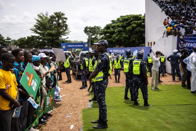 Benin Police officers stand guard at a campaign rally of presidential candidate Romuald Wadagni in Lokossa on April 8, 2026 ahead of Benin`s presidential election scheduled for April 12, 2026. (Photo by OLYMPIA DE MAISMONT / AFP)