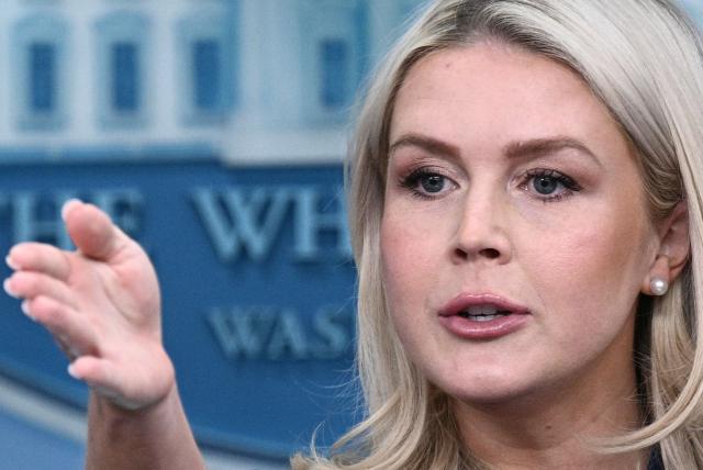White House Press Secretary Karoline Leavitt speaks during a press briefing in the Brady Briefing Room of the White House in Washington, DC, on April 8, 2026. (Photo by Brendan SMIALOWSKI / AFP)